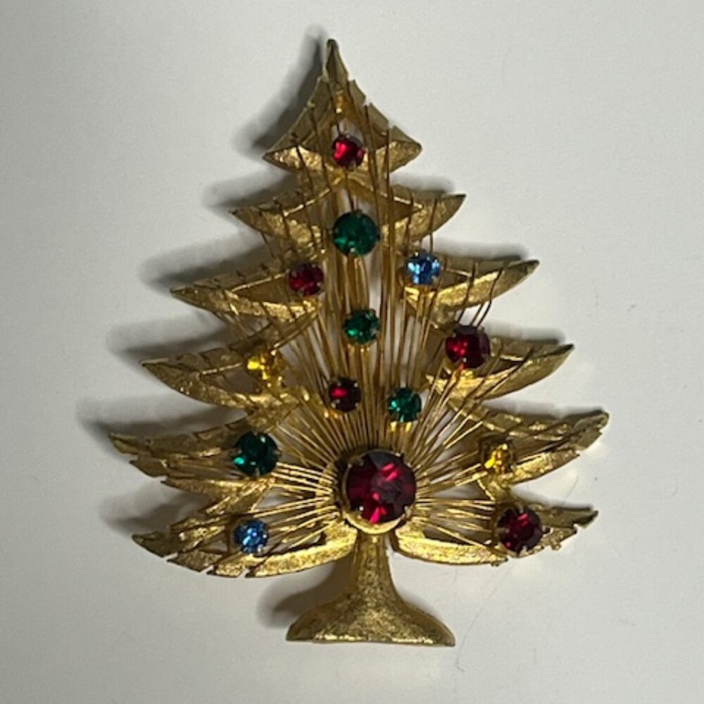 VTG Brooks Gold-Tone Colored Rhinestones Wired "Harp" Christmas Tree Brooch